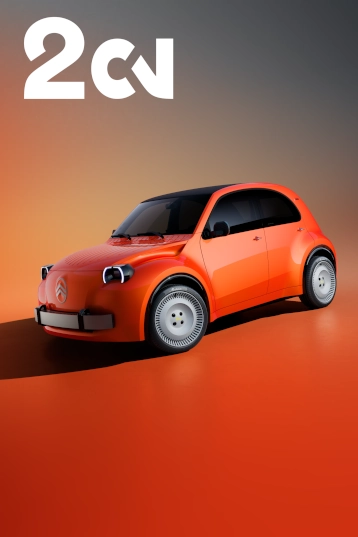 Vista dianteira em três quartos do Citroën 2CV Concept, destacando a herança de um design icónico e a sua interpretação moderna como uma alternativa de mobilidade distinta