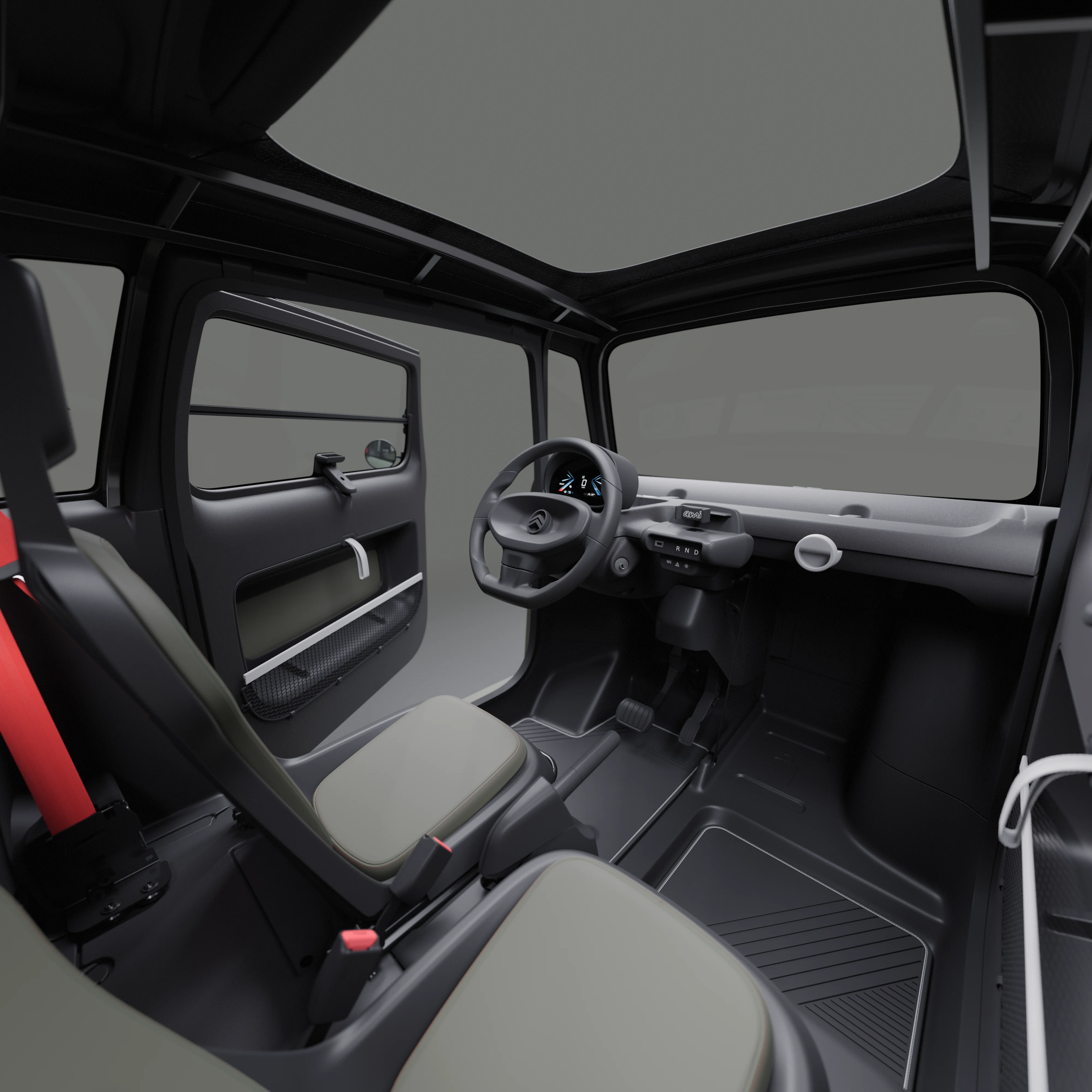 Vista interior frontal do Citroën ami Outdoor, com teto rebatível, apresenta um prático automóvel elétrico urbano para a mobilidade diária