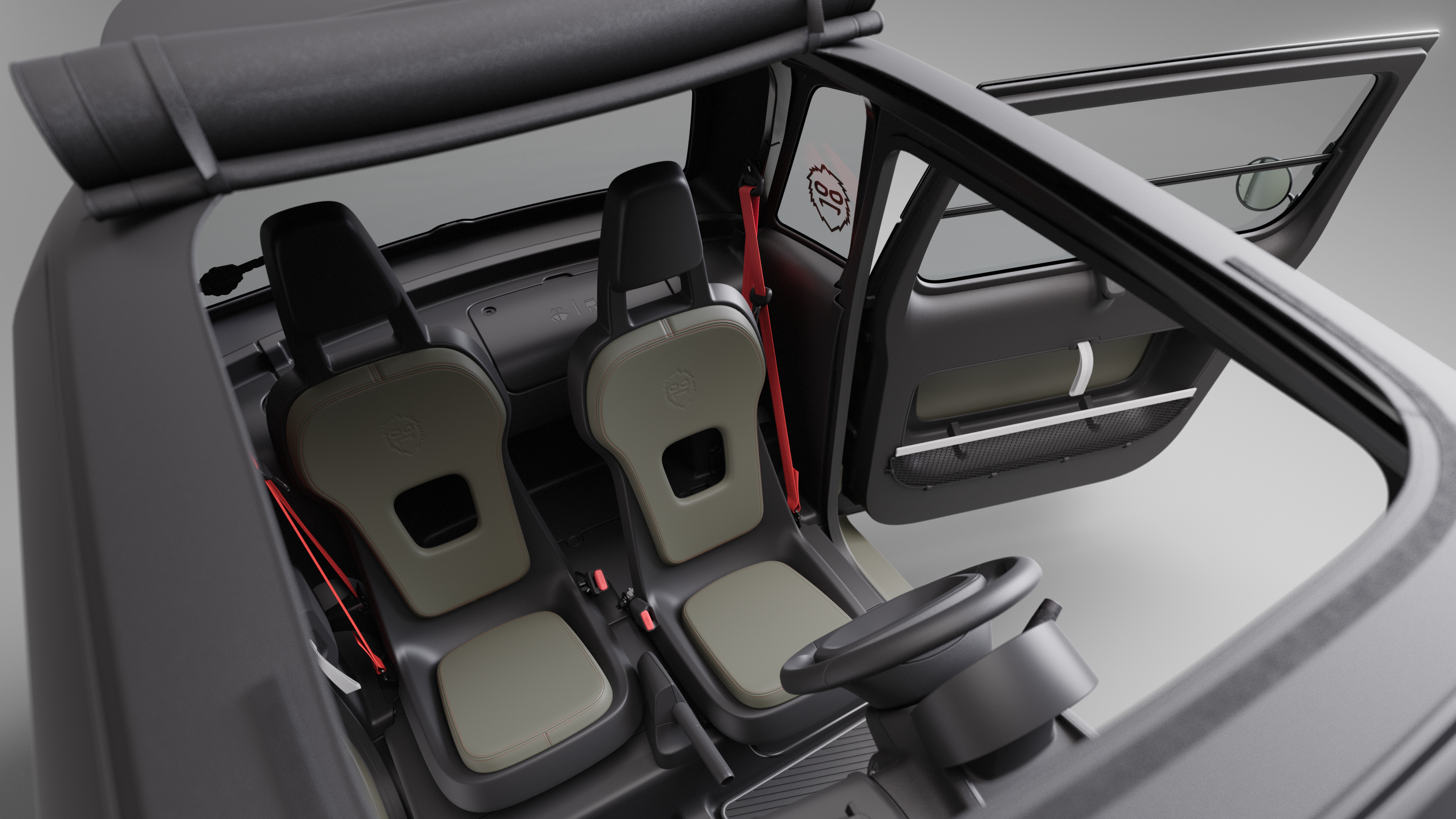 Vista interior de cima para baixo do Citroën ami Outdoor, com teto rebatível, apresenta um automóvel elétrico urbano que facilita o acesso