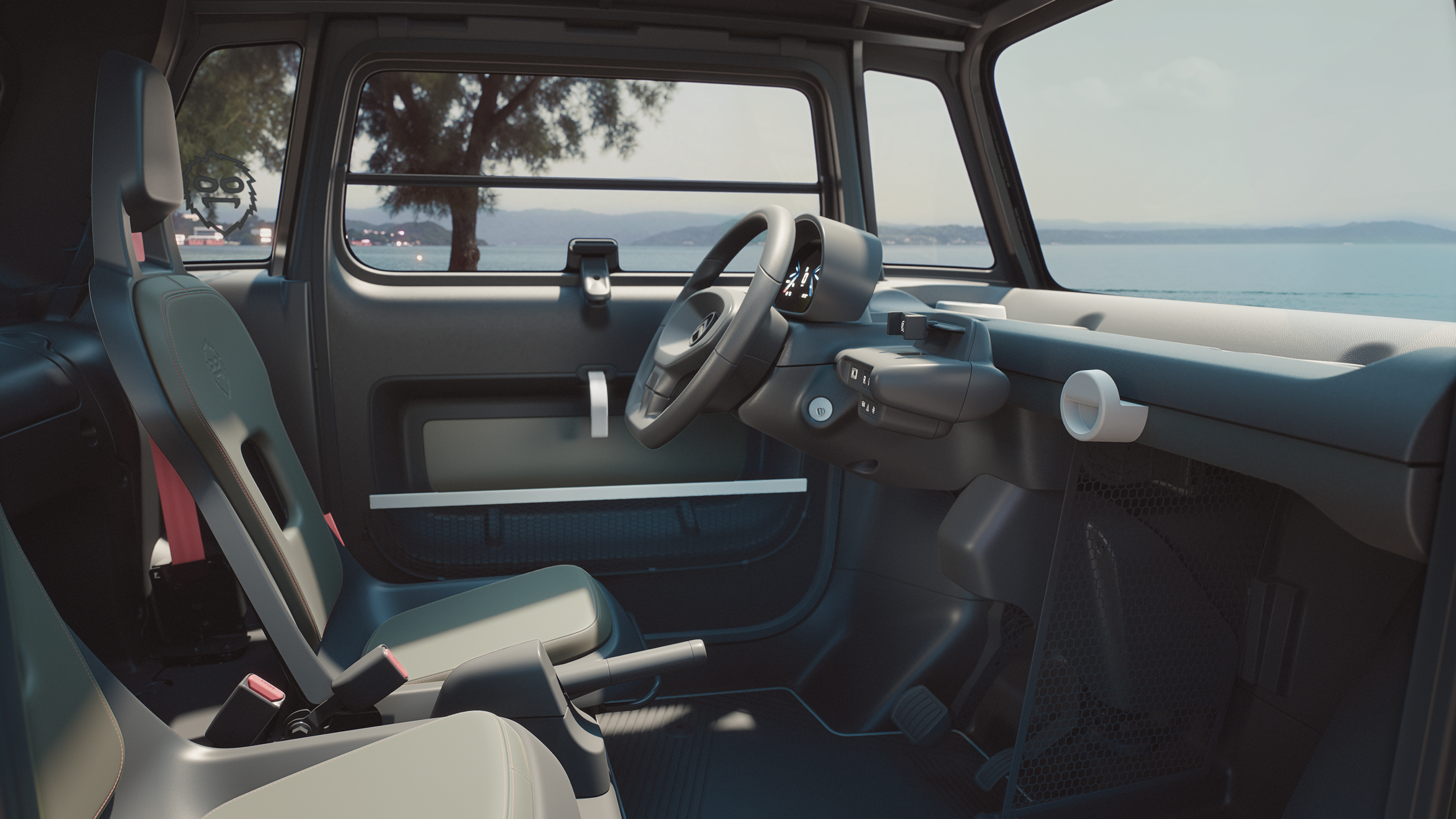 Vista interior do lado do condutor: a cabina ao ar livre do Citroën ami Outdoor apresenta um automóvel elétrico urbano com espaço aberto
