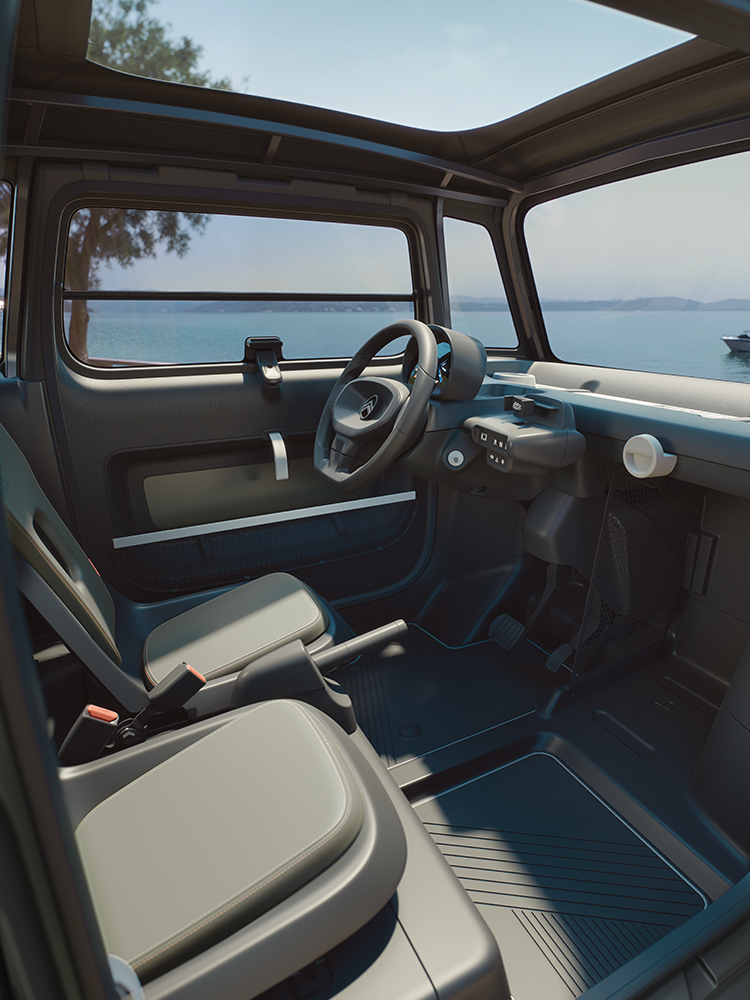 Vista do interior e dos detalhes da cabina e dos bancos ao ar livre do Citroën ami Outdoor apresenta um automóvel urbano elétrico com um estilo único