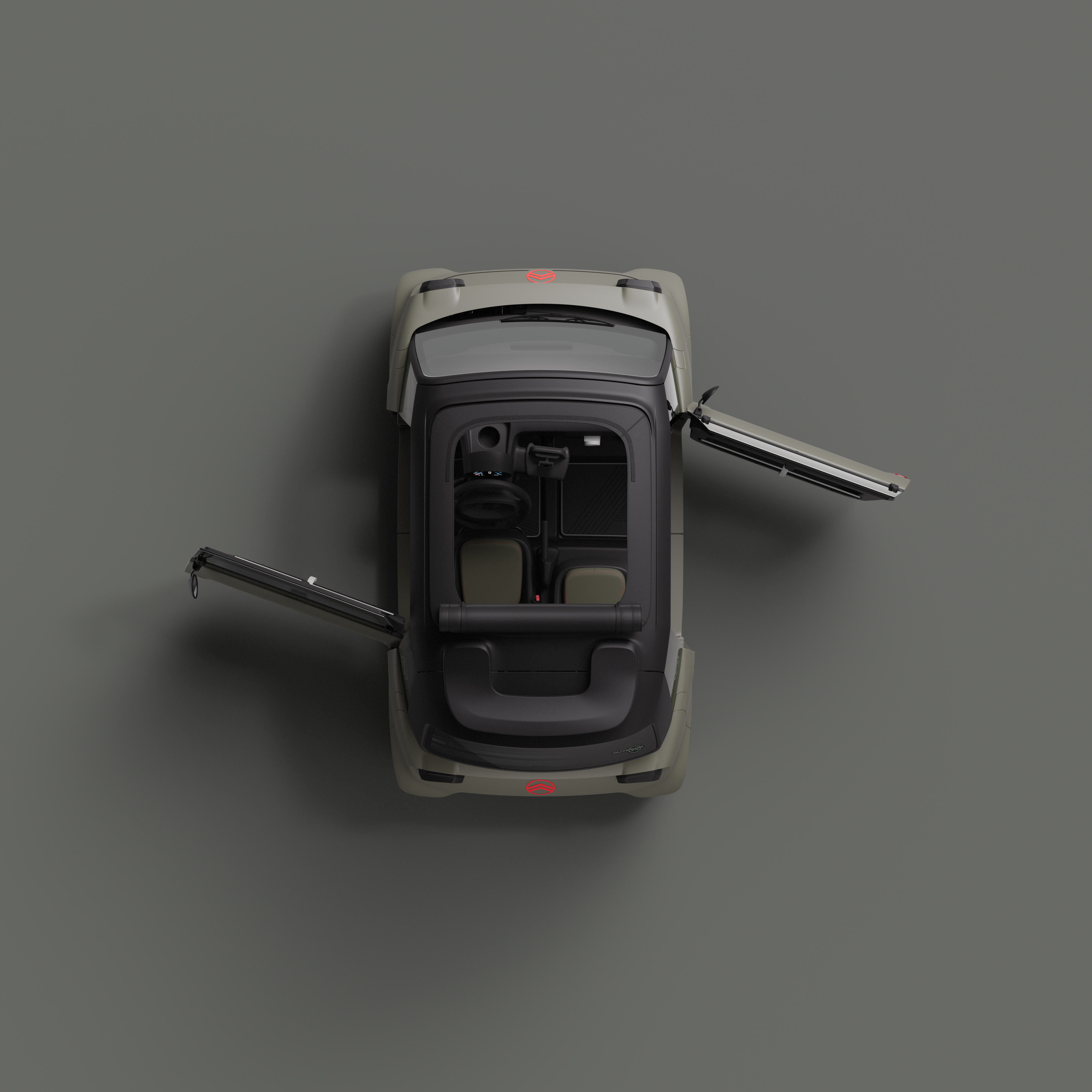 Vista de cima: o Citroën ami Outdoor, com portas simétricas abertas e teto aberto, apresenta um automóvel urbano elétrico de fácil acesso