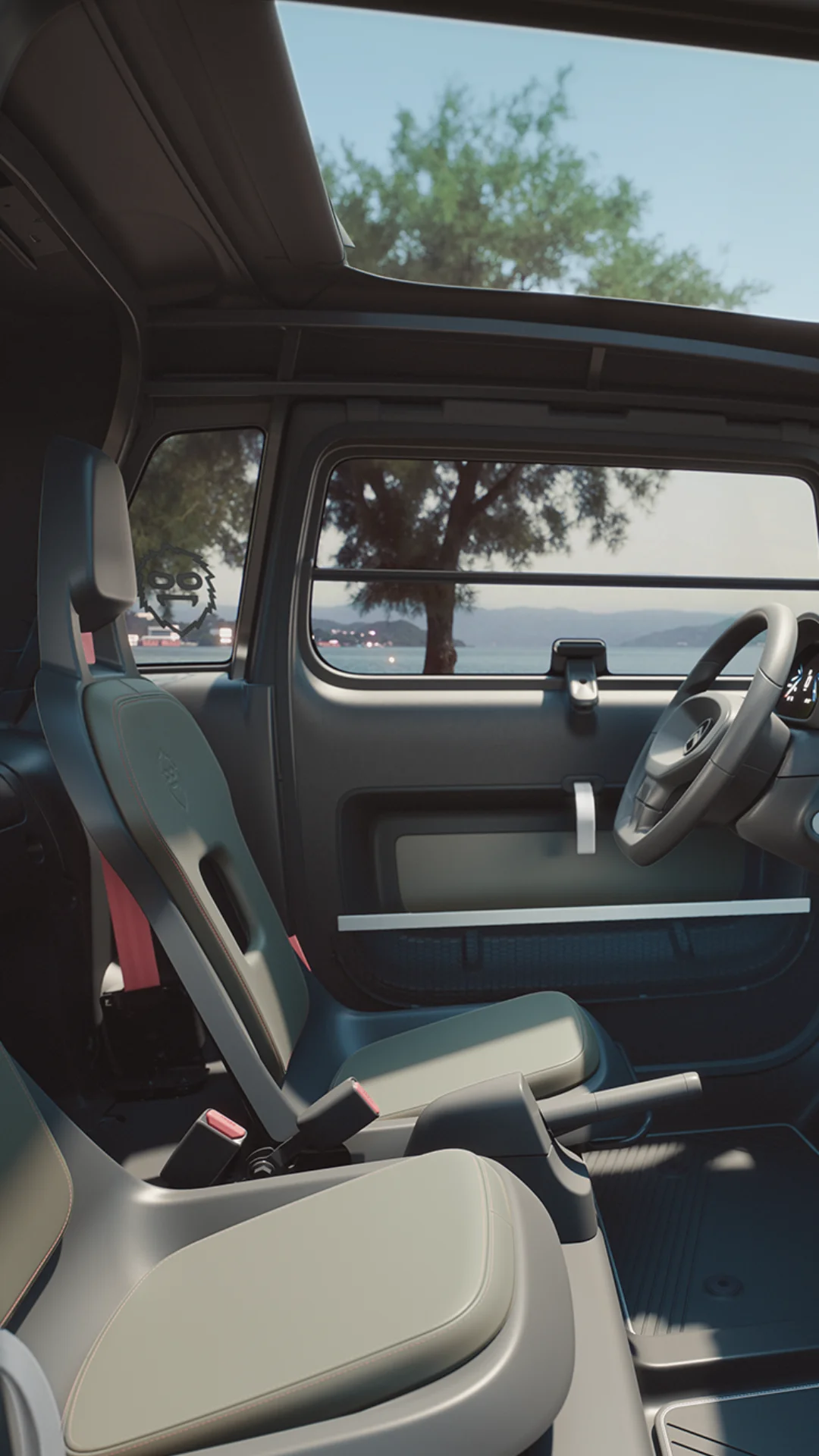 Vista interior da cabina ao ar livre do Citroën ami Outdoor, com teto rebatível, que apresenta um automóvel urbano elétrico para aventuras ao ar livre