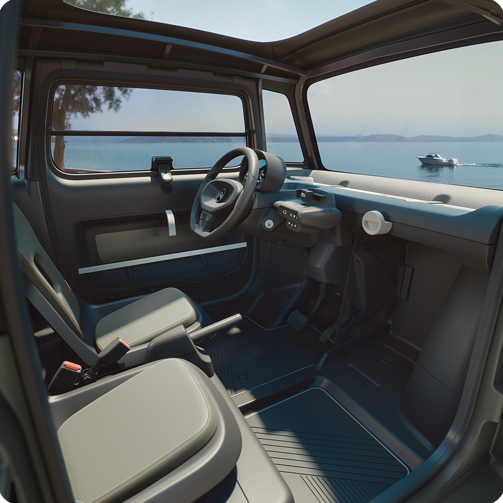 Vista do habitáculo do Citroën ami Outdoor, com cabina ao ar livre, que apresenta um prático automóvel urbano elétrico para a mobilidade diária