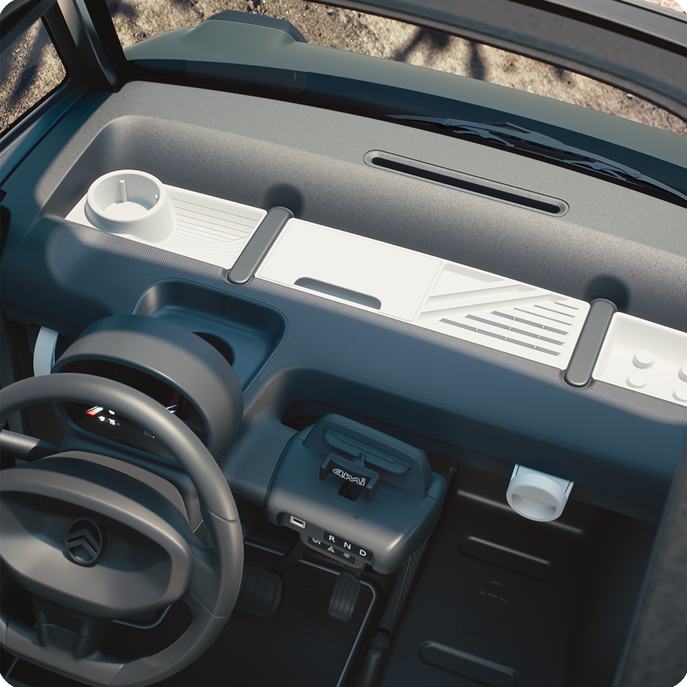 Vista superior do interior da cabina do Citroën ami Outdoor, com teto ao ar livre, que apresenta um automóvel urbano elétrico focado na mobilidade simples