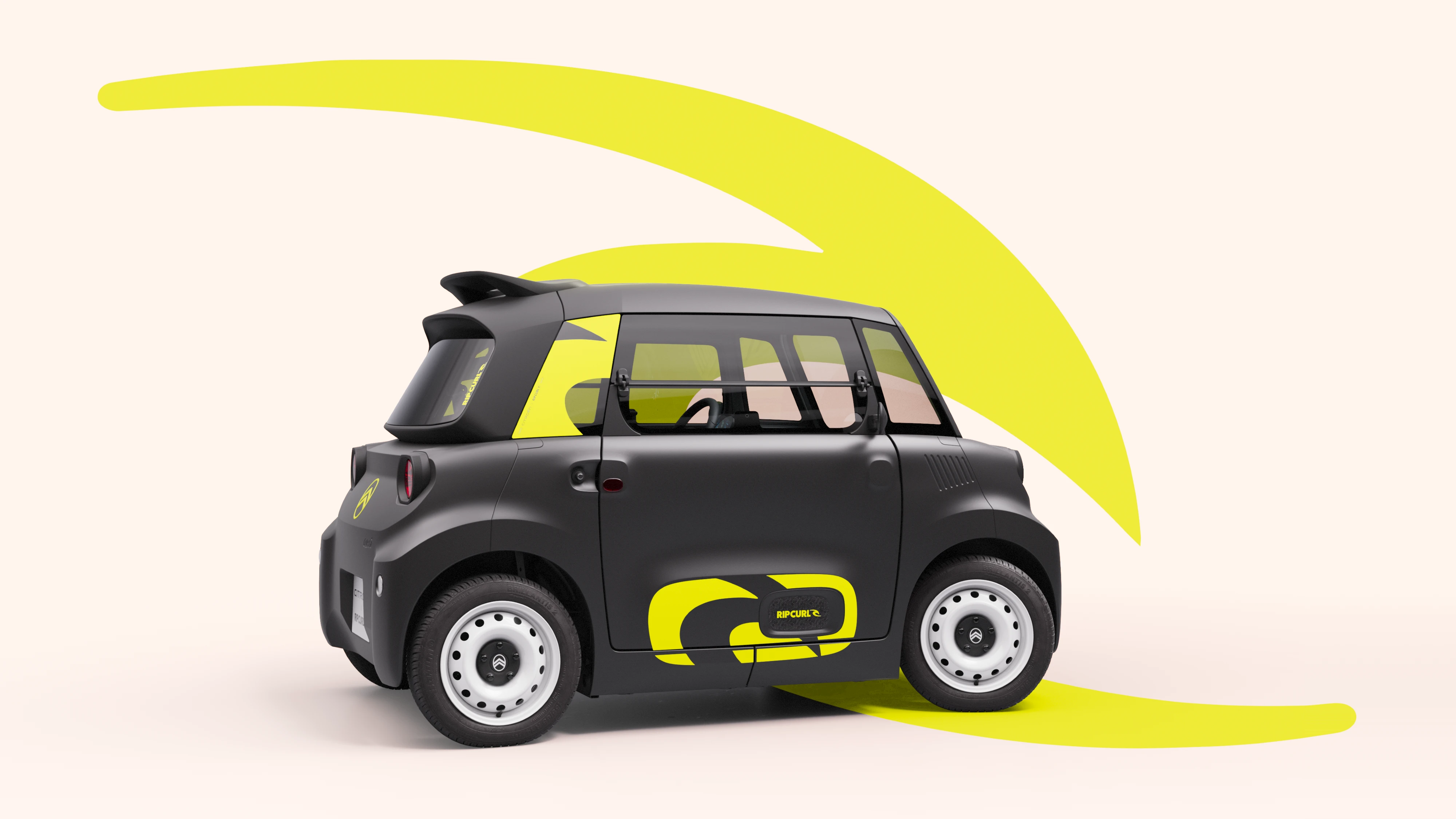 Vista lateral do Citroën Ami x Rip Curl elétrico, o compacto Citroën Ami para a mobilidade urbana elétrica