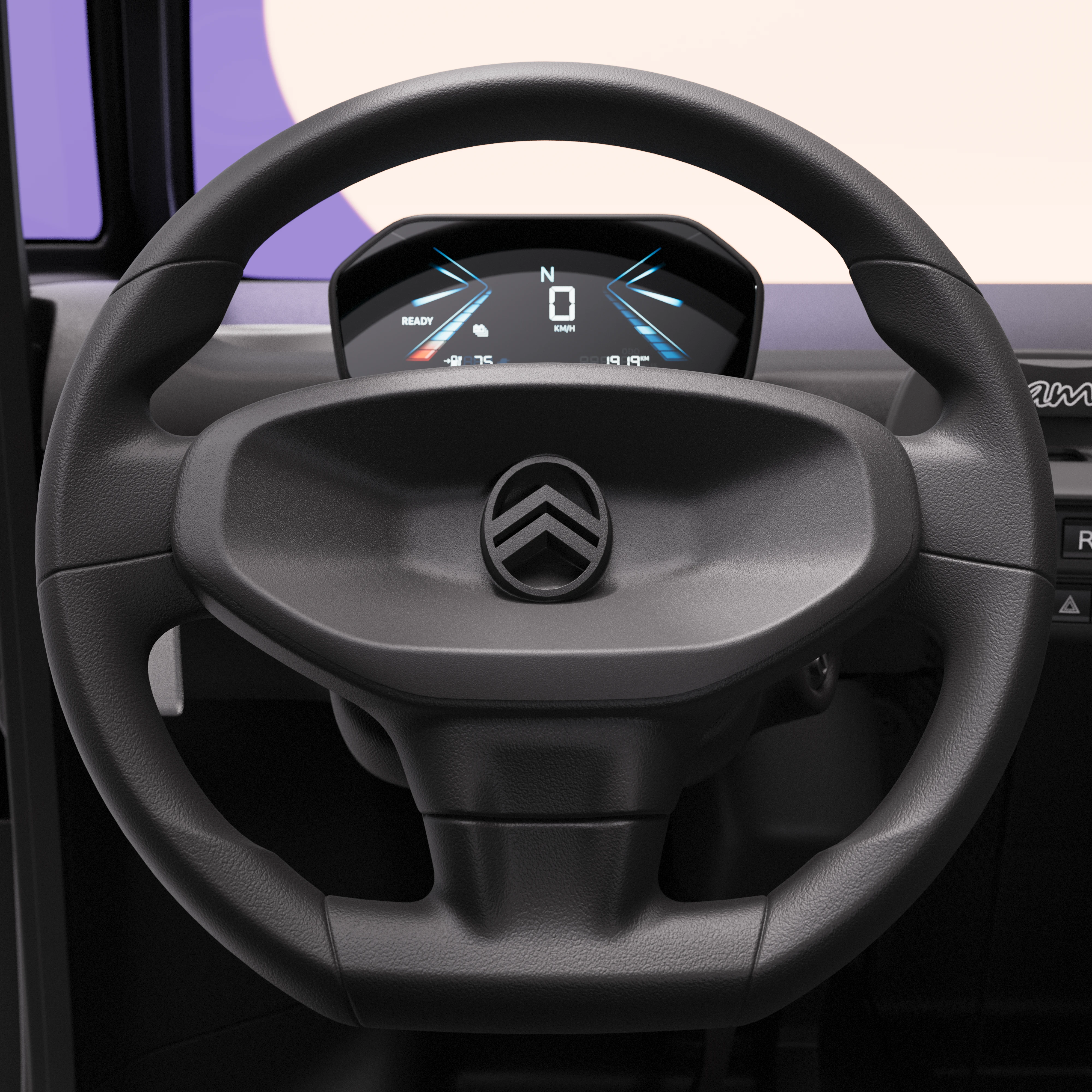 Vista em grande plano do volante do Citroën Ami x Rip Curl elétrico sem matrícula, cockpit do Citroën Ami para carro elétrico urbano