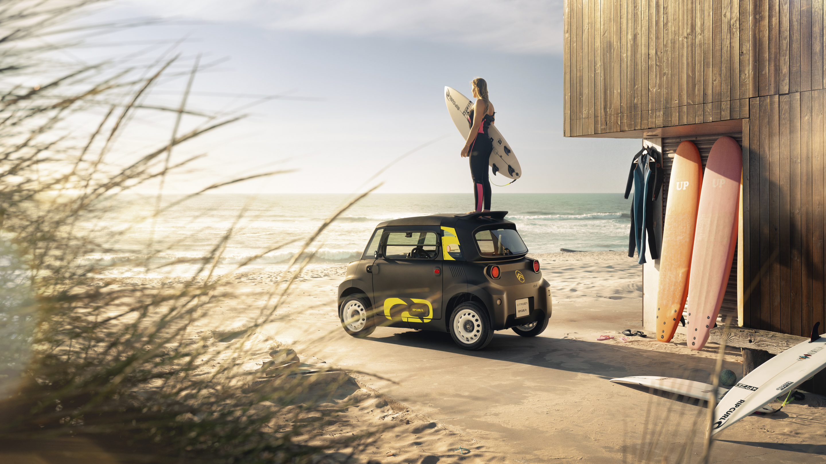 Vista traseira do estilo de vida na praia do Citroën Ami x Rip Curl elétrico , liberdade de surf do Citroën Ami para carro elétrico urbano