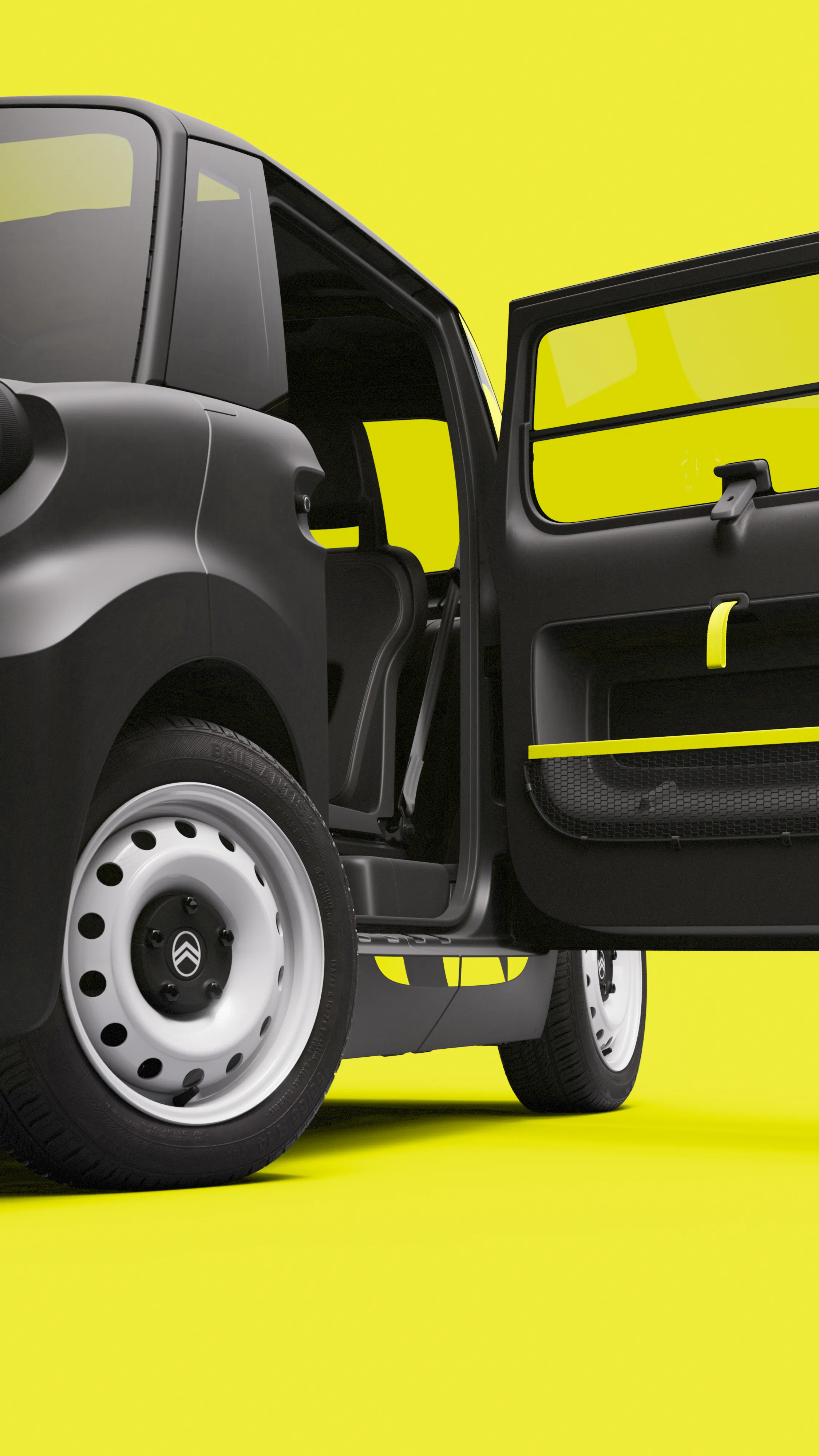 Vista lateral traseira com porta aberta Citroën Ami x Rip Curl elétrico , Citroën Ami: acesso fácil para carro elétrico urbano
