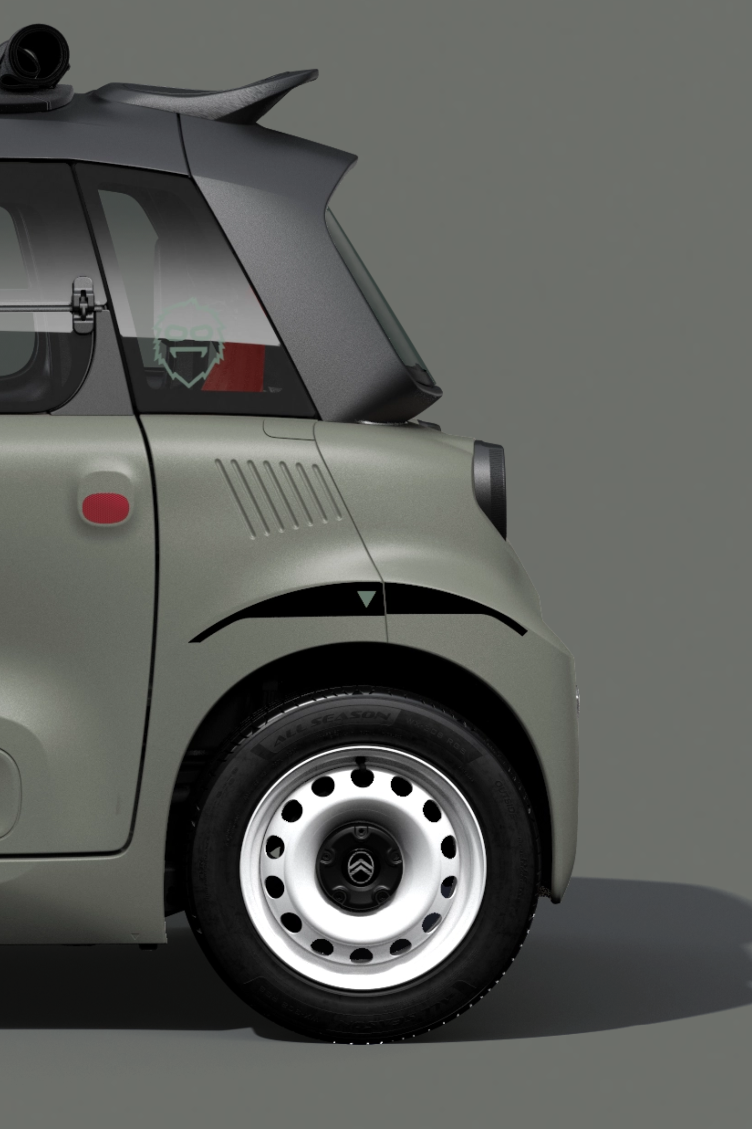Vista frontal do volante do Citroën ami Outdoor, que apresenta um design compacto, seguro e fiável, proporcionando uma liberdade urbana inovadora