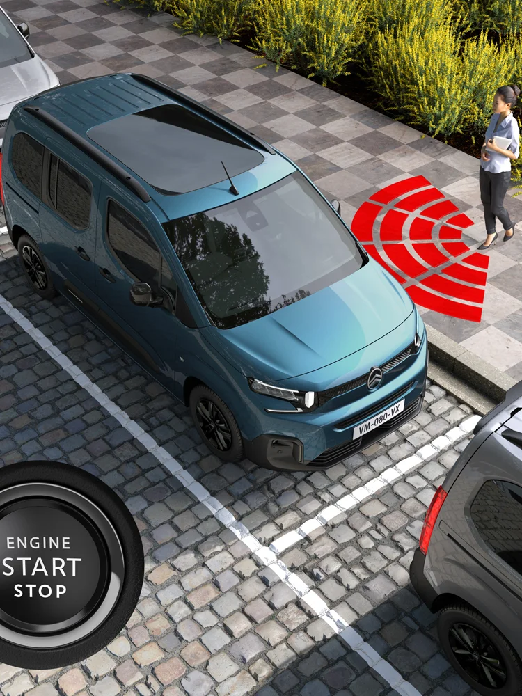 Vista superior do ë‑Berlingo em Azul Kiama com acesso e arranque mãos-livres, destacando a tecnologia, o conforto e a facilidade de utilização.