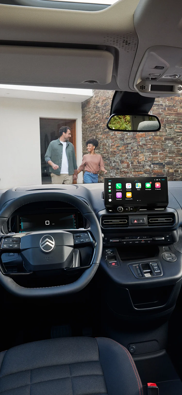 Front interior view Berlingo showing onboard technology, connectivity, safety and enhanced modern driving convenience