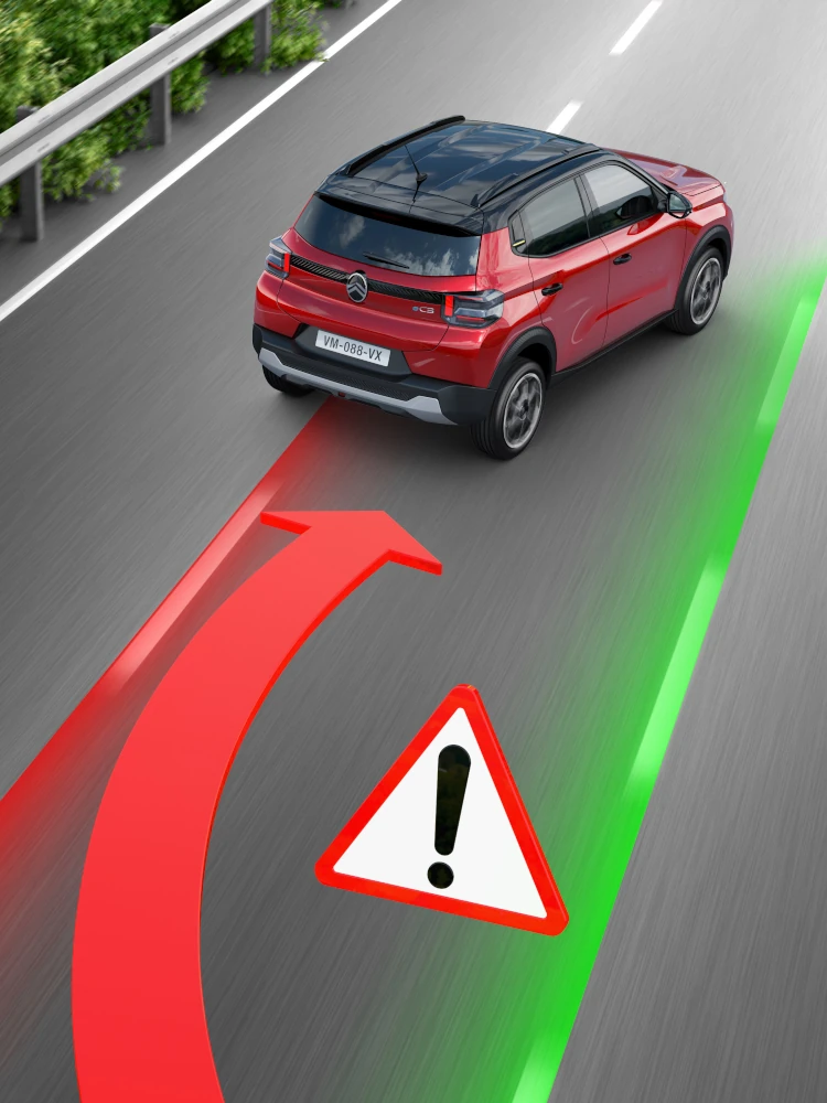 Vista traseira do Citroën C3 SUV, mostrando o assistente de manutenção de faixa para uma mobilidade diária mais segura, confiante e acessível.