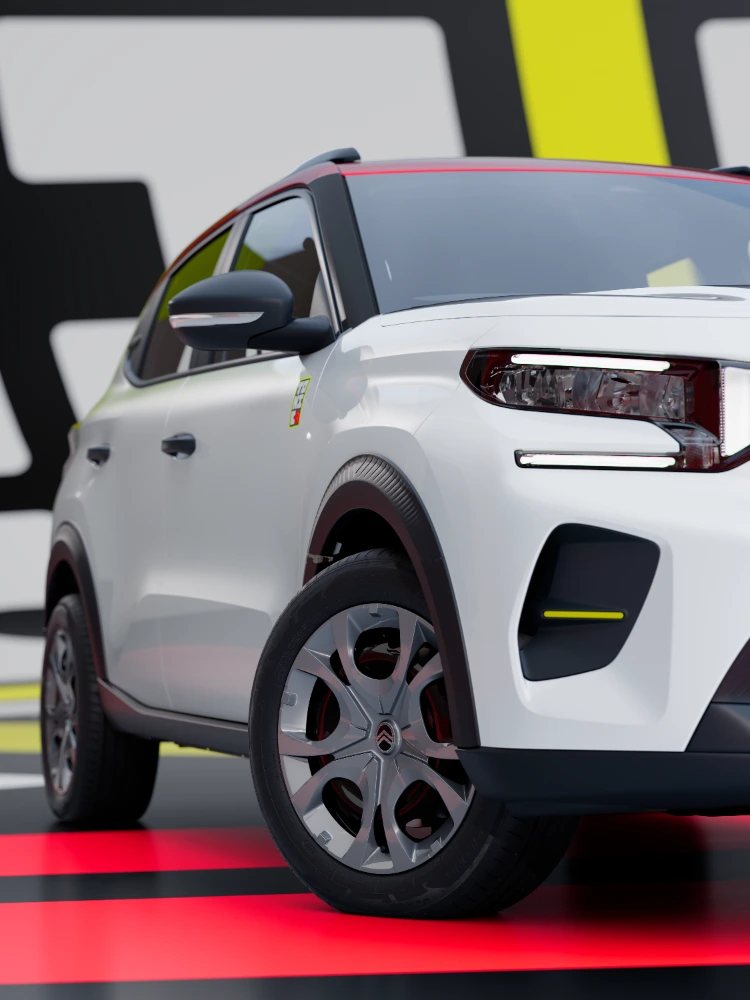 Vista frontal de três quartos detalhada do Citroën ë-C3 TONIC, edição limitada, automóvel elétrico urbano, com design das jantes e revestimento protetor, uma alternativa inteligente de veículo elétrico