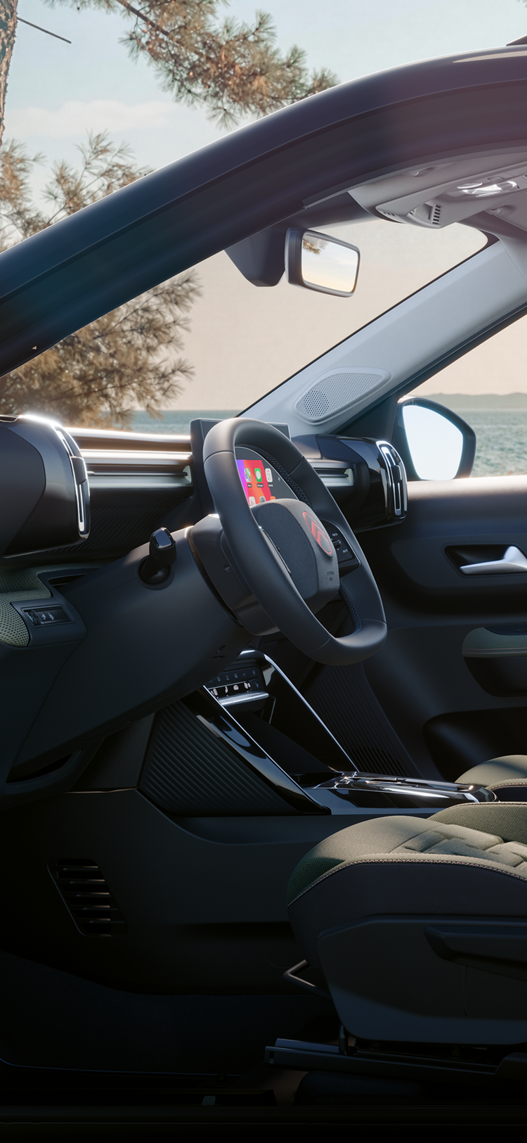 A vista lateral do interior do Citroën C3 Aircross Outdoor revela um SUV de 7 lugares espaçoso, versátil e confortável, com uma flexibilidade inovadora no habitáculo