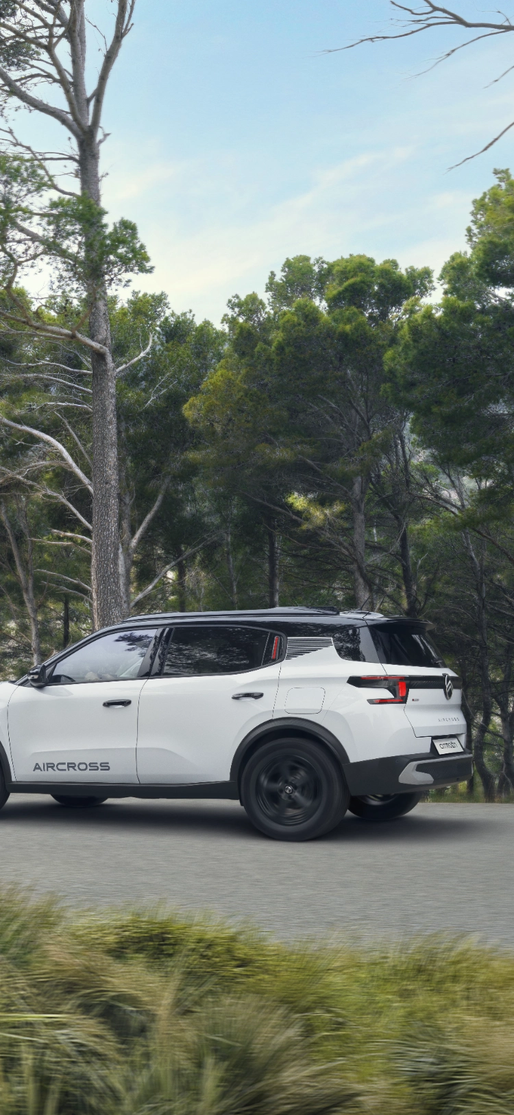 Vista traseira de três quartosd o SUV Citroën C3 Aircross em , numa trilha florestal, destacando o desempenho robusto para uma mobilidade segura, versátil e acessível.