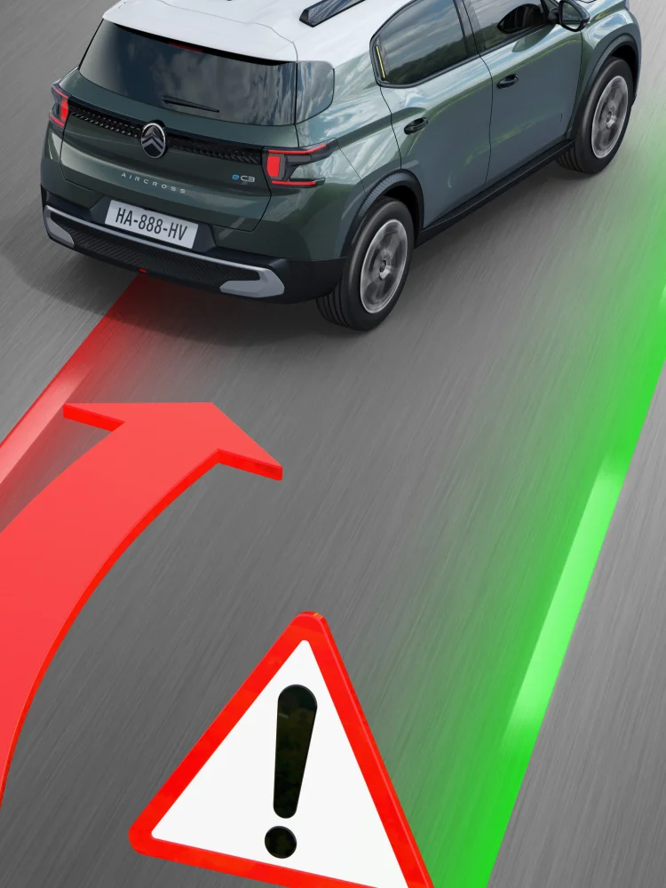 SUV Citroën a apresentar o aviso de saída da faixa de rodagem com imagens vermelhas e verdes projetadas na estrada