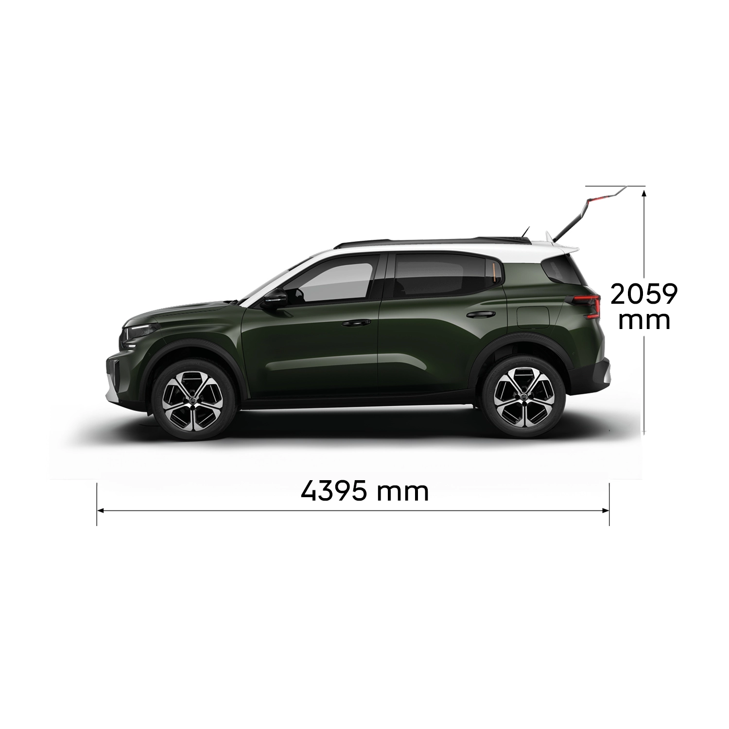 Vista multiangular do SUV elétrico Citroën ë-C3 Aircross, mostrando as dimensões exteriores completas e os volumes interiores para uma mobilidade prática e acessível.