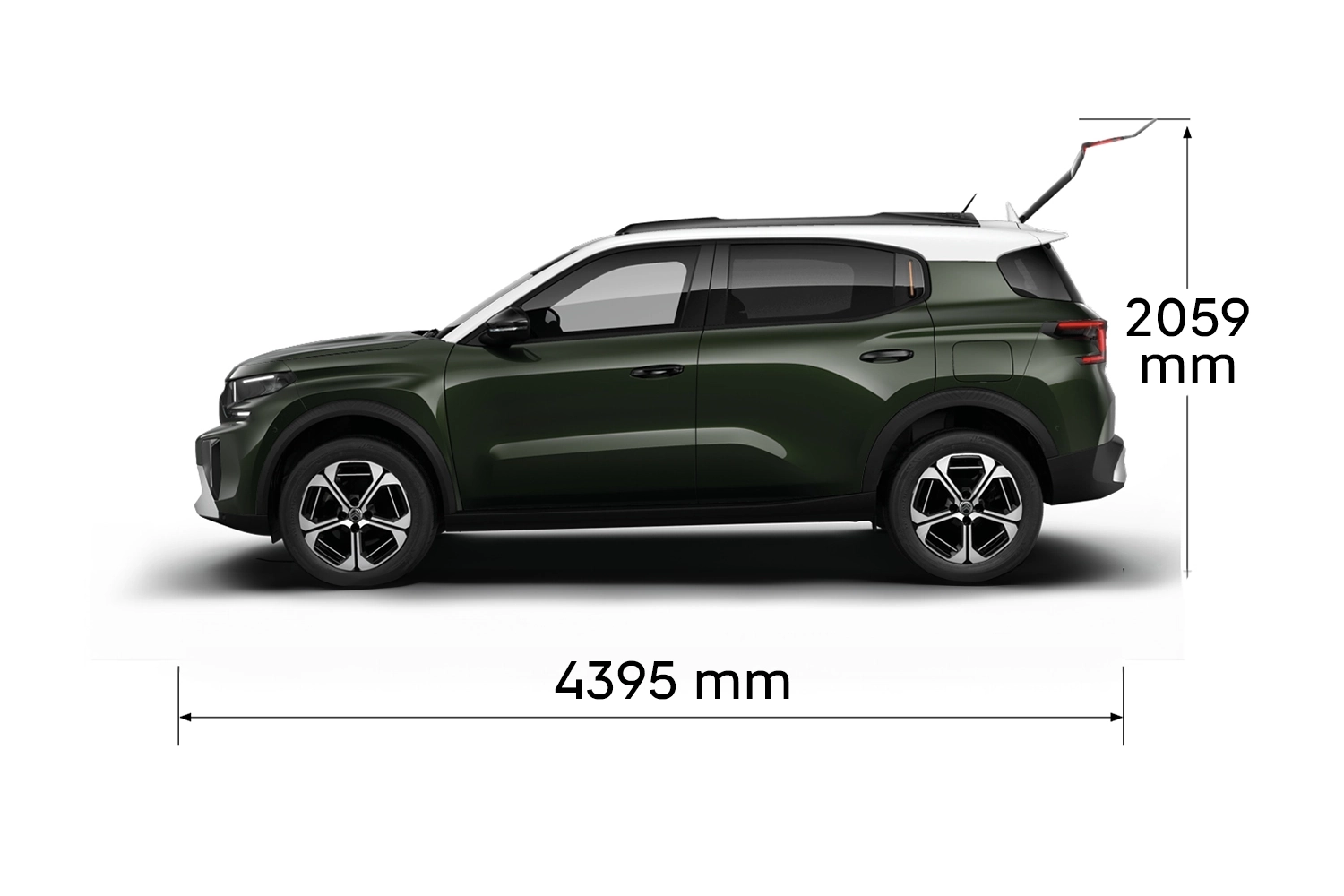 Vista multiangular do SUV Citroën C3 Aircross, mostrando as dimensões exteriores completas e as capacidades de volume interior para uma mobilidade prática.