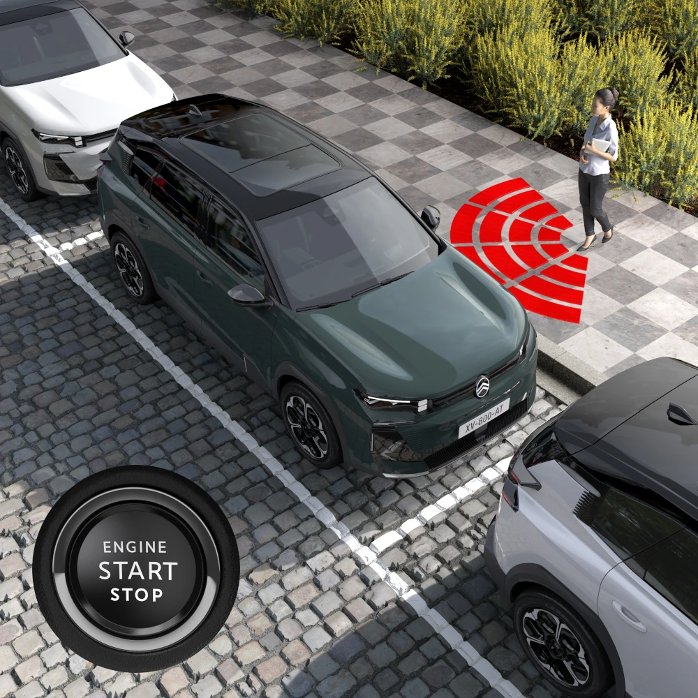 Vista superior em três quartos do C5 Aircross com sistema Keyless Entry & Start, destacando a tecnologia, o conforto e a facilidade de acesso.