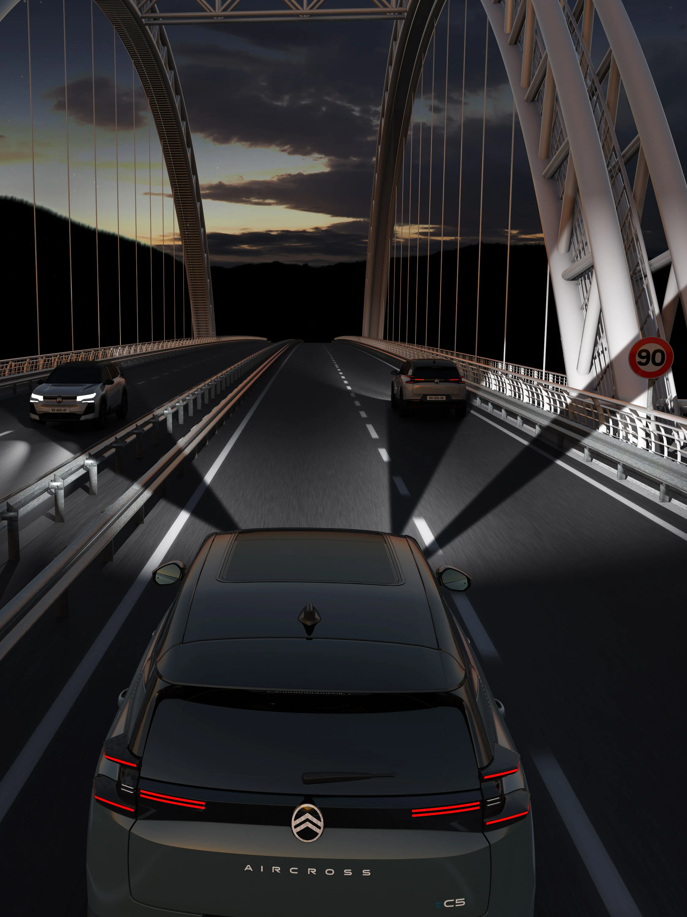 Vista traseira do C5 Aircross, destacando os faróis Matrix LED para maior visibilidade, segurança e conforto na condução noturna.