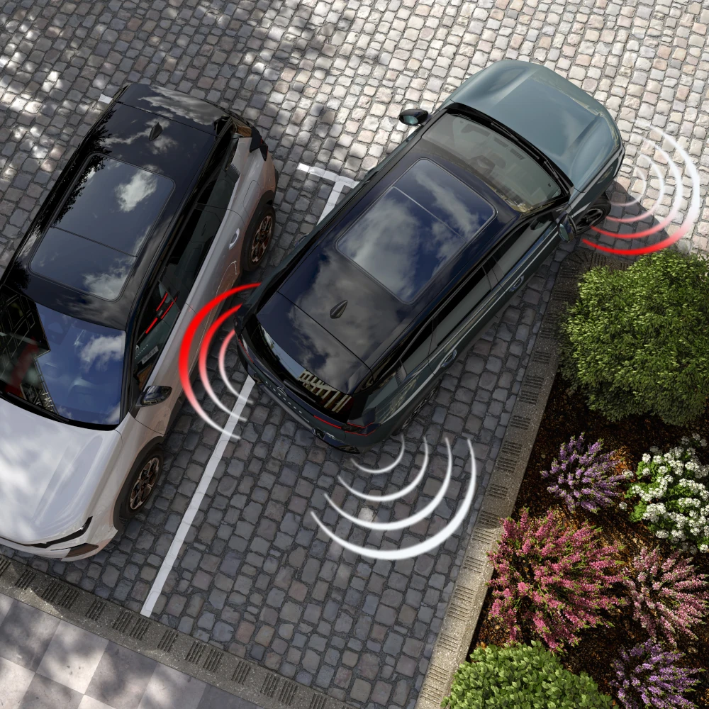 Vista superior do C5 Aircross com sensores de estacionamento dianteiros e traseiros, reforçando a visibilidade e a confiança durante as manobras