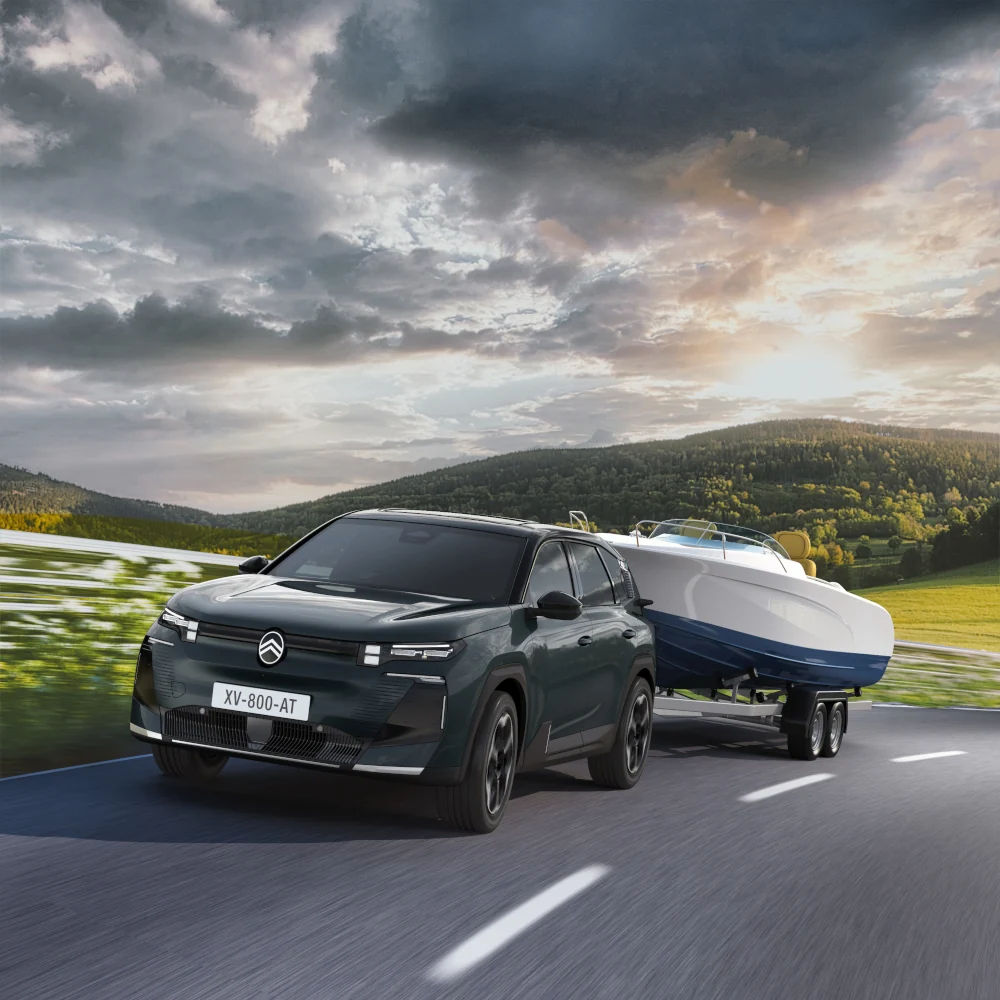 Vista lateral do C5 Aircross com sistema Trailer Stability Control, concebido para melhorar a estabilidade e a segurança durante o reboque.