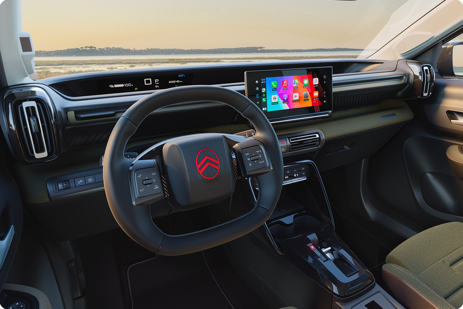 Vista em grande plano do painel de instrumentos do Citroën C3 Outdoor: o ecrã tátil apresenta a conectividade «Advanced Comfort» para viagens num SUV compacto