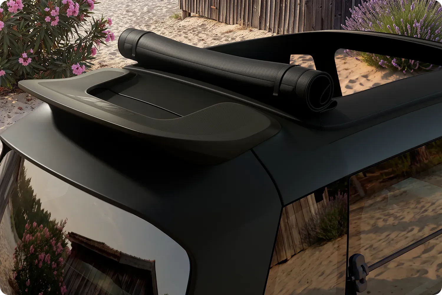 Grande plano do porta-bagagens de tejadilho do Citroën Ami Outdoor, com um design compacto, elétrico e acessível e um espaço de arrumação inovador para aventuras ao ar livre