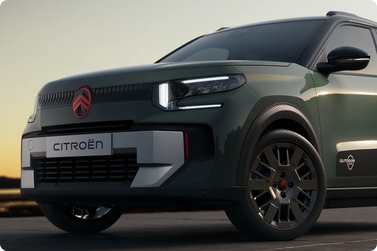 Grande plano da roda dianteira do Citroën C3 Outdoor: design robusto, versátil e confortável com um estilo inovador para as viagens do dia a dia